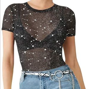 Black glitter sheer mesh top